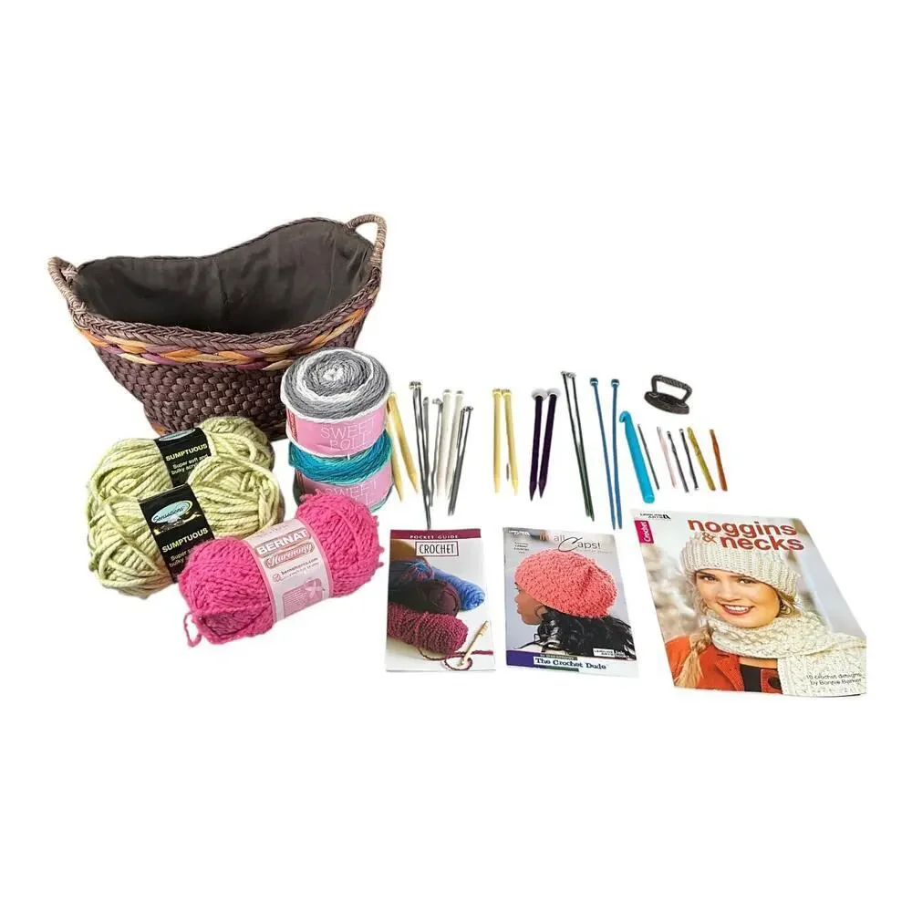 Complete Yarn & Crochet Bundle with Basket – Hooks, Needles, Books & Yarn Lot